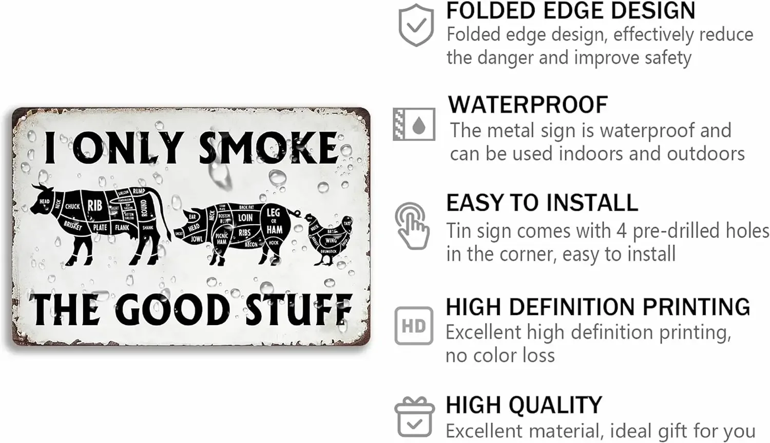 I Only Smoke The Good Stuff Tin Sign Vintage BBQ Metal Signs Grilling Decor Signs Butcher's Cut Smoking Meat Wall Poster