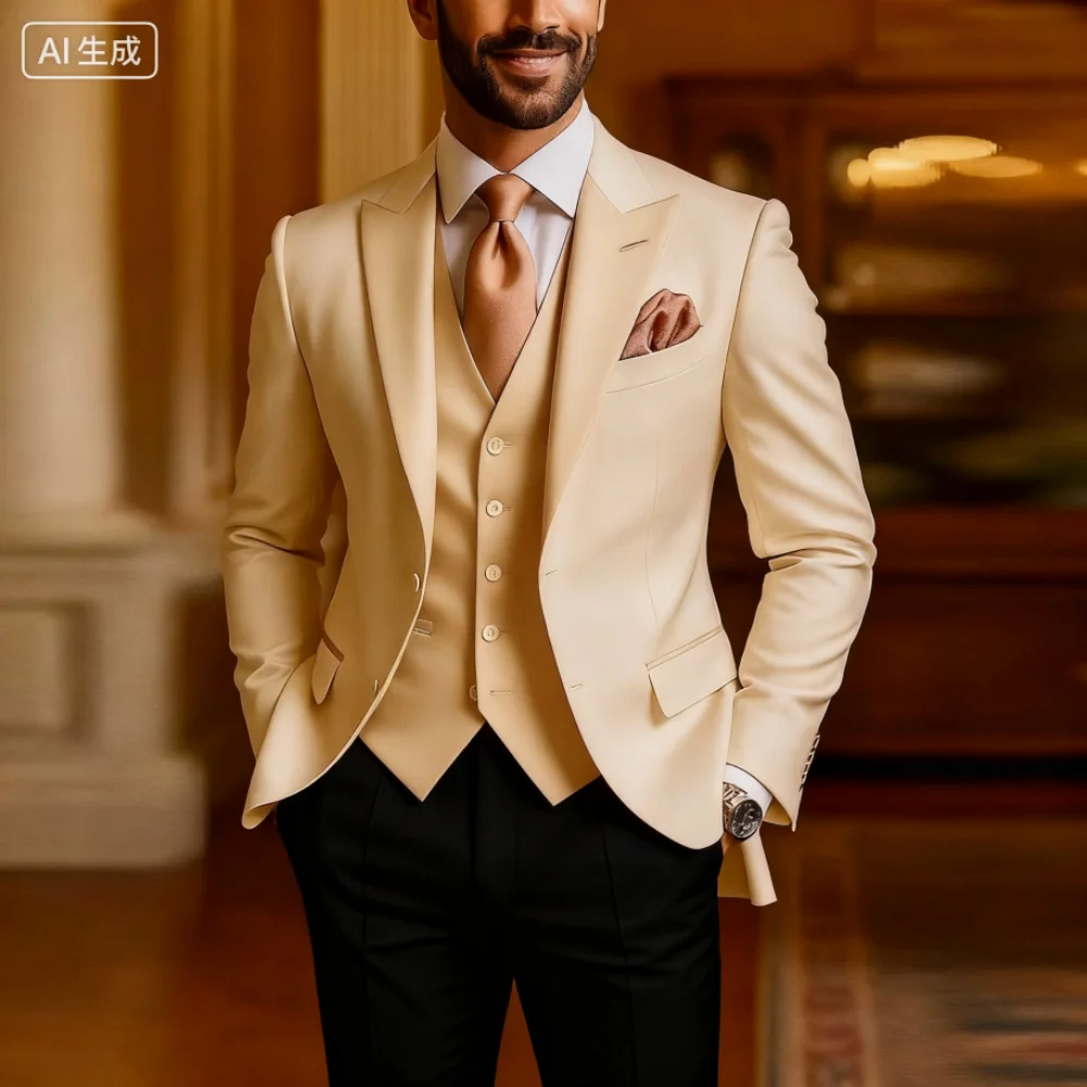 

Novo marfim e rosa escuro formal negócios terno masculino noivo padrinho festa de casamento baile de formatura masculino smoking