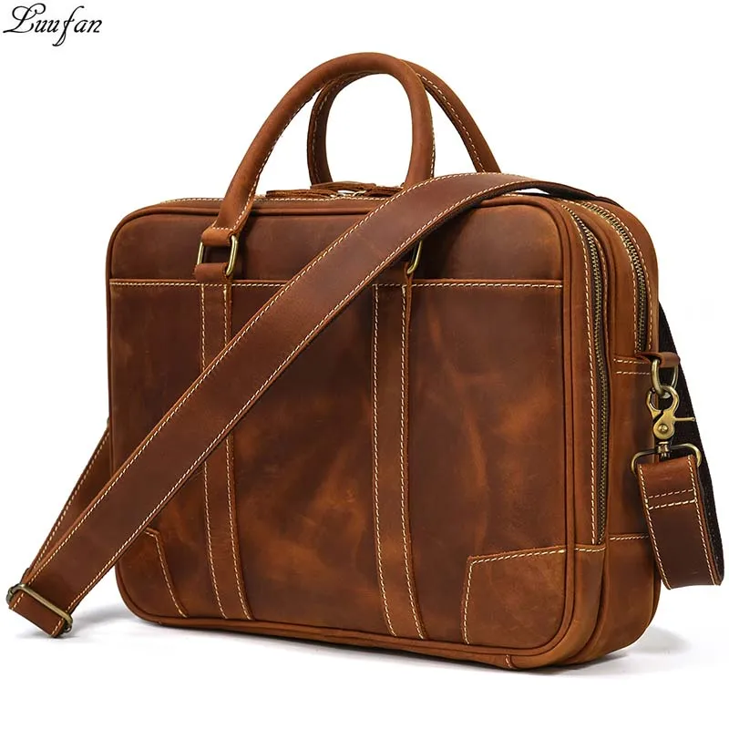 Vintage Men's Crazy Horse Genuine Leather Briefcase Business Handbag Cow Leather Fit 14