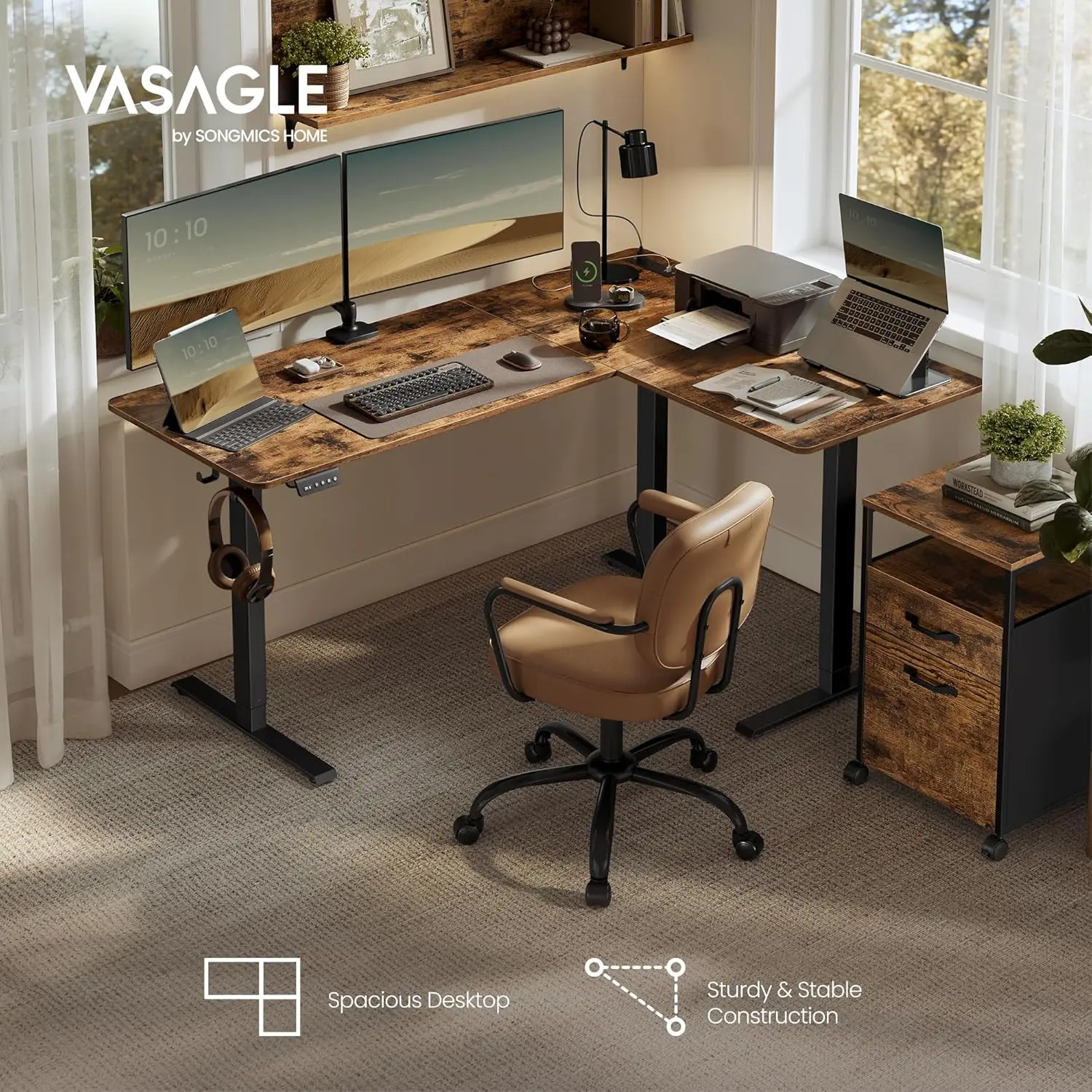 L Shaped Electric Standing Desk, 63x47.2 / 23.6x55.1 Inches, Height Adjustable Corner Desk with Power Outlets, 2 Memory Buttons