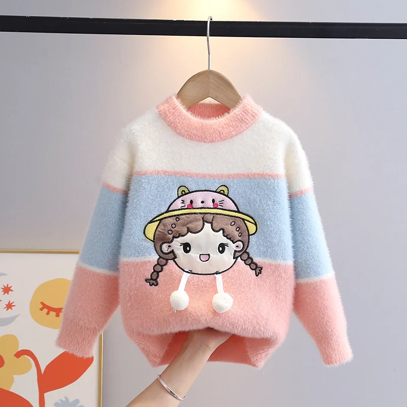 Girls' Autumn and Winter Sweater 2024 New Fleece-lined Extra Thick Mink Cashmere Knitwear Fashionable Cartoon Middle and Big Chi