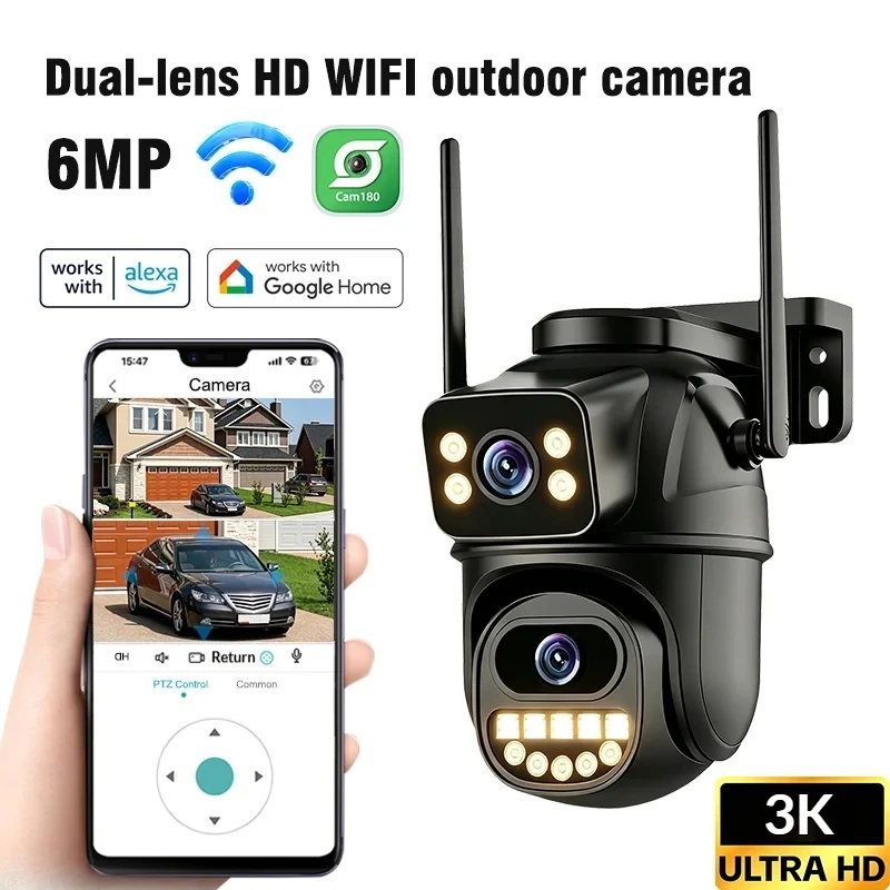 Dual Lens 3K Ultra Hd 2.4G Wifi Surveillance Camera 4X Digital Zoom Ai Human Detect Outdoor Ptz Ip Security Camera Onvif Ip66
