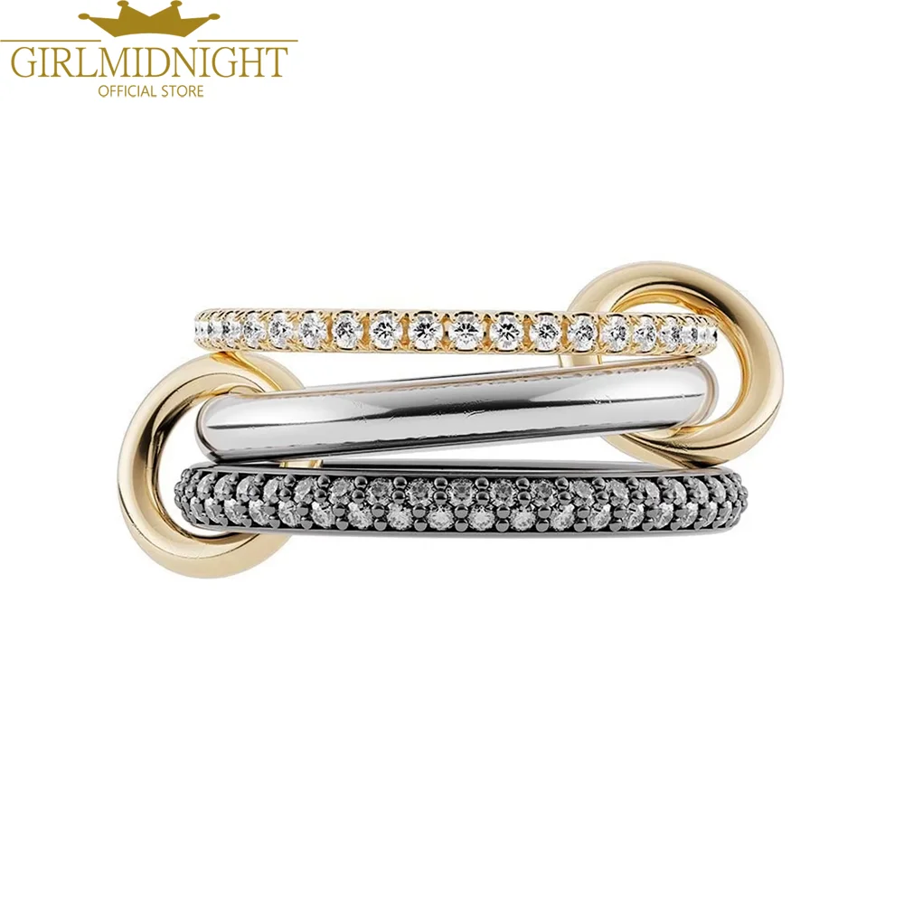 2025 New Multi 3 Link Stacking Engagement Band Ring Black Silver Color Micro Paved CZ Zircon Rings Finger For Women Jewelry