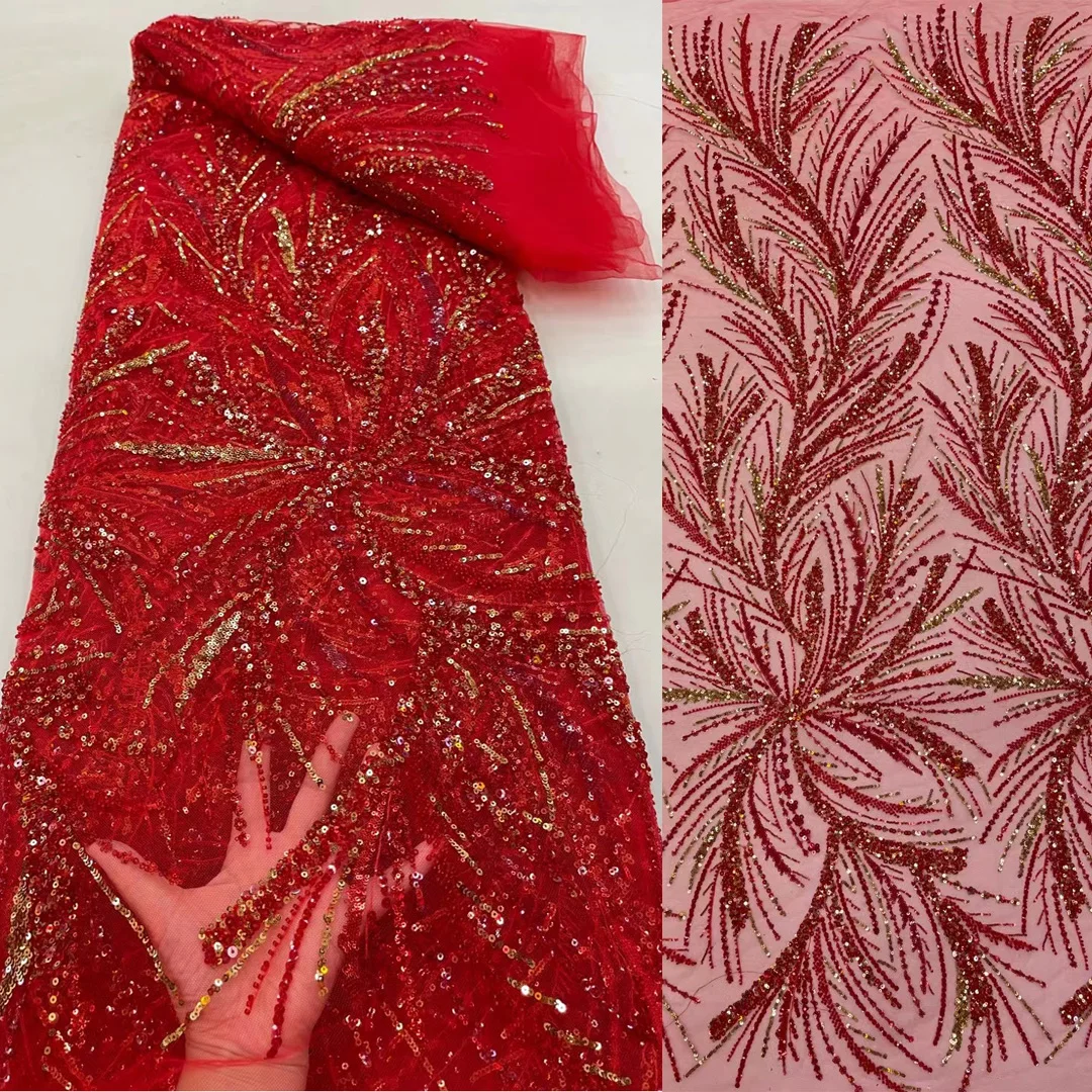 

(5yards/pc) High grade red African tube beads sequins net lace wonderful embroidered French lace fabric for party dress FRX128