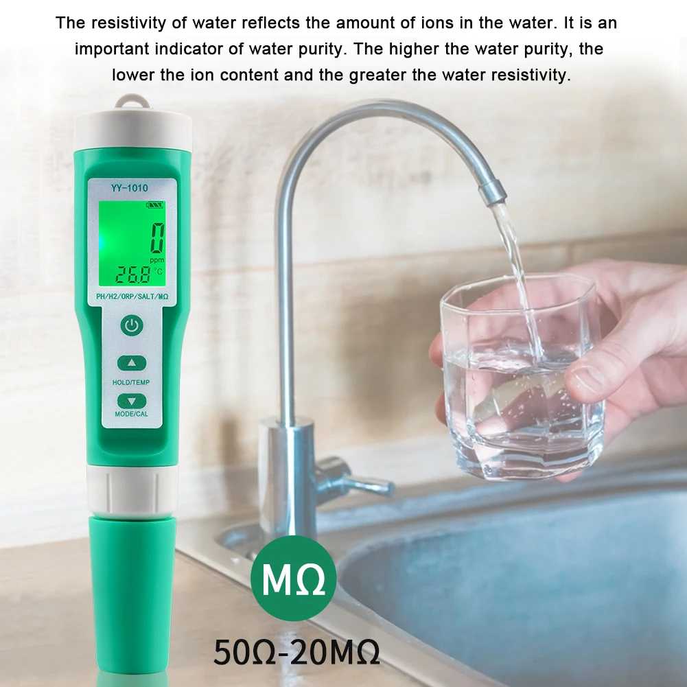 10 in 1 PH/EC/TDS/ORP/H2/SALT/Fertilità/SG/MΩ/Temp Misuratore di qualità dell'acqua Tester multifunzione digitale per acqua di zuppa di acquario spa