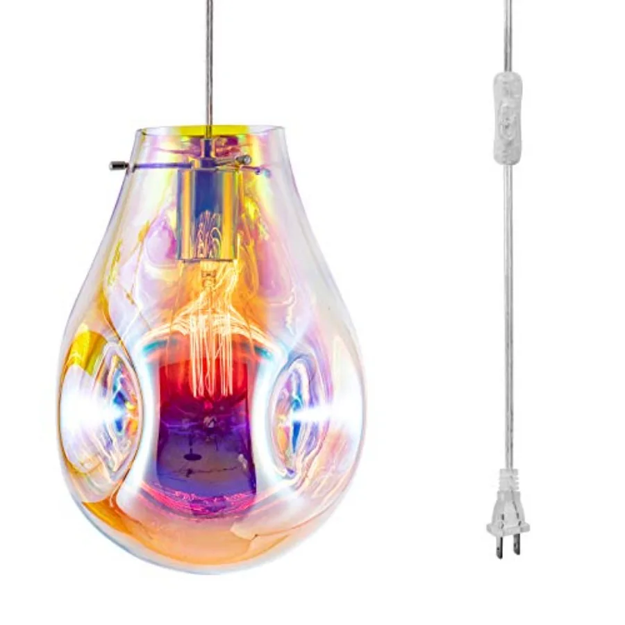 Plug in Pendant Light with Cord E26 E27 Modern Glass Handblown Colorful Hanging Lights with Plug in Cord for Kitchen Island Liv