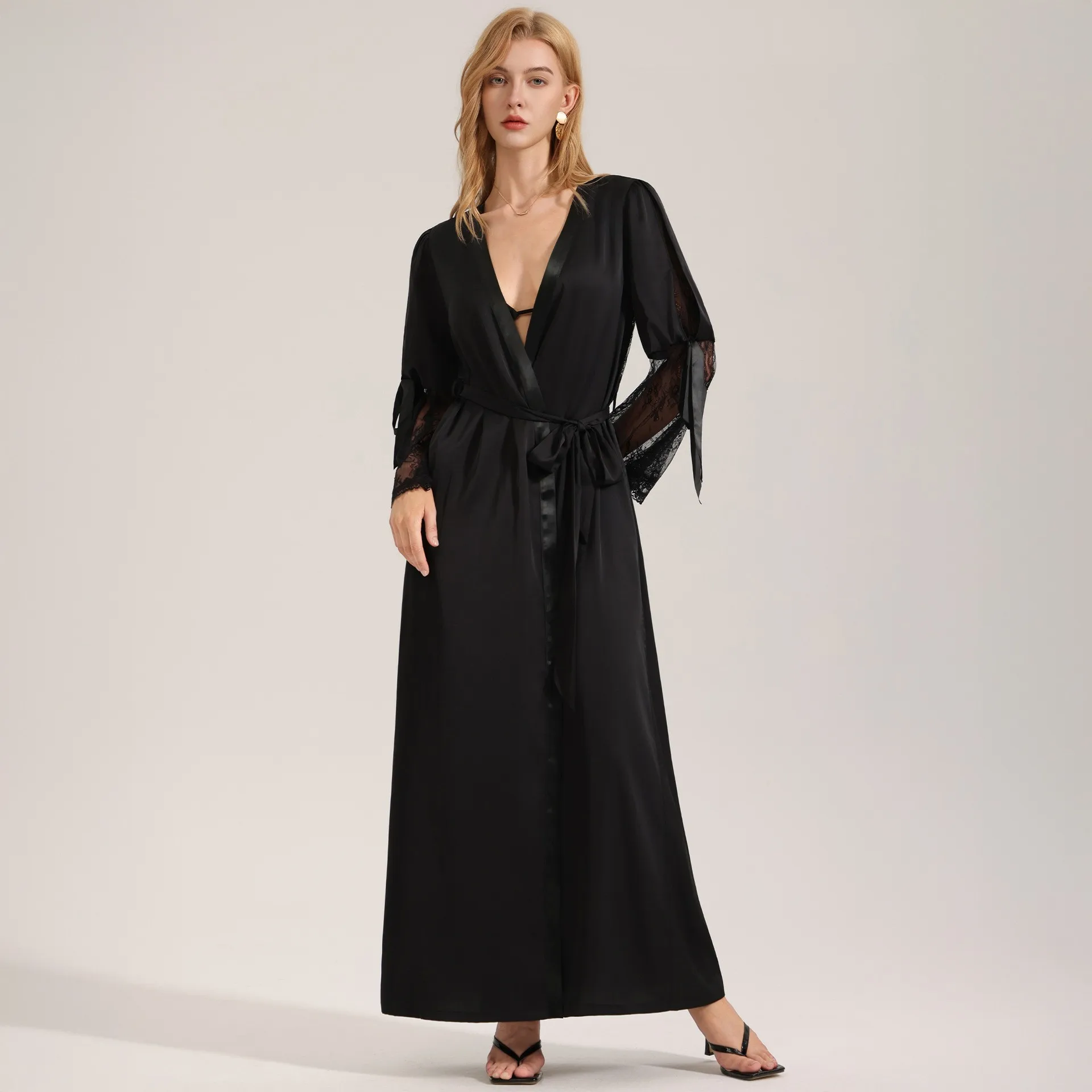 2026 New Womens Nightdress Sexy Long Lace Lingerie Nightwear Bath Robe Gown Imitation Ice Silk Nightdress Solid Color Nightgown