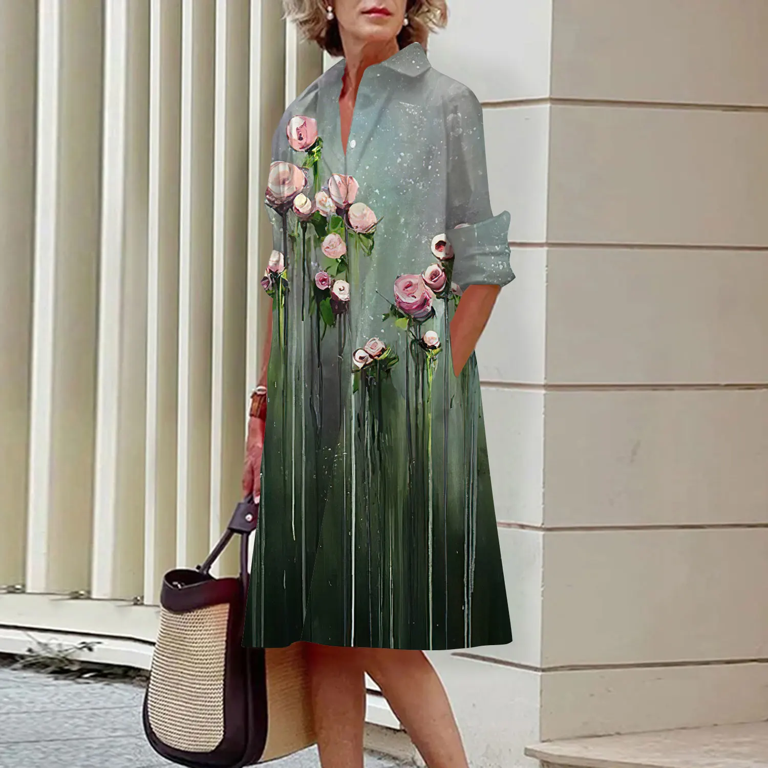 Summer New Women's Dresses Crushed Floral Long Sleeve Lapel Midi Luxury Women's Street Women's Shirt Pocket Temperament 2023