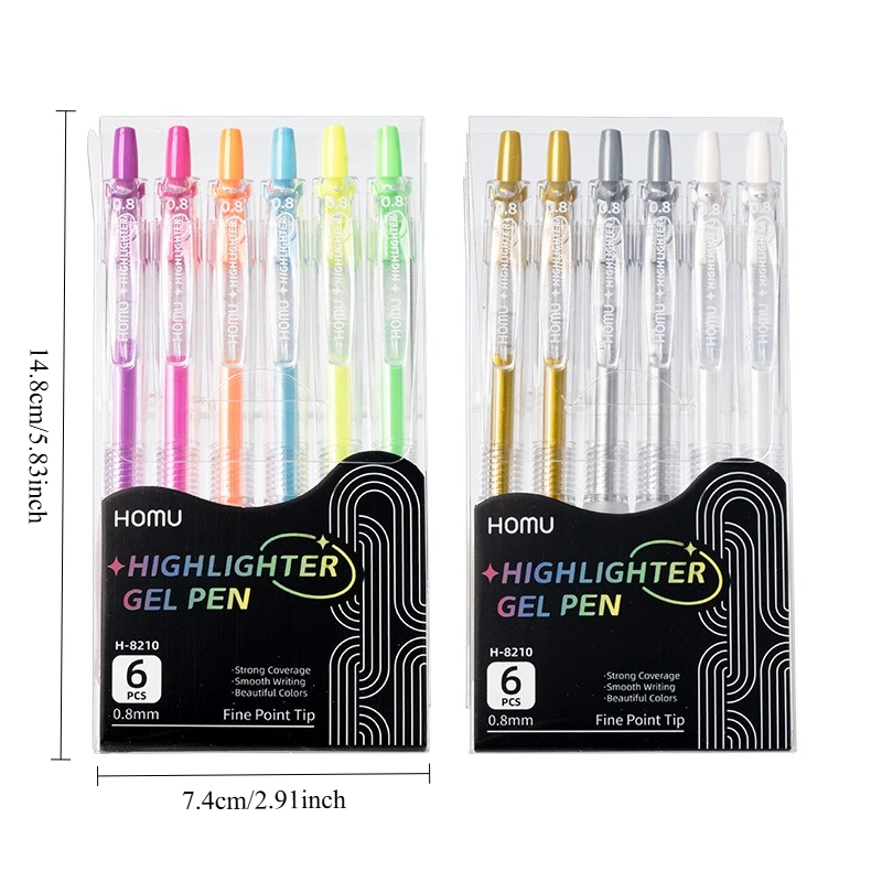6Pcs Gel Pen Large Capacity 0.8mm Painting Drawing Markers Writing Pen Art School Supplies Multicolor Highlighters