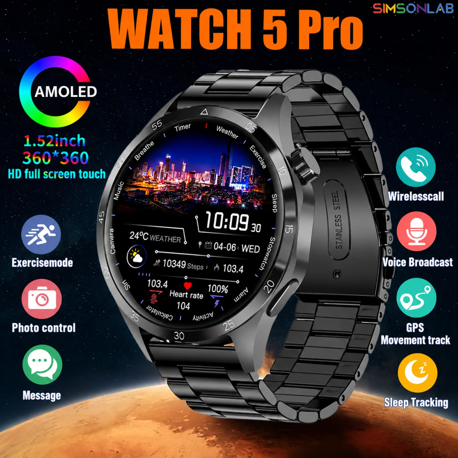 

2026 Watch 5 Pro GPS Track Compass Smart Watch Men 360*360 AMOLED Screen BT Call Waterproof Health Monitor Man Smartwatch
