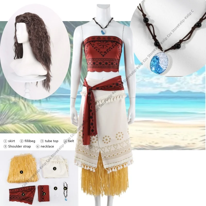 Disfraz de Cosplay de Moana, Traje de Princesa de la Versión de Acción Real con Collar de Corazón, Top Corto Rojo y Falda Estilo Polinesio de Paja para Mujer