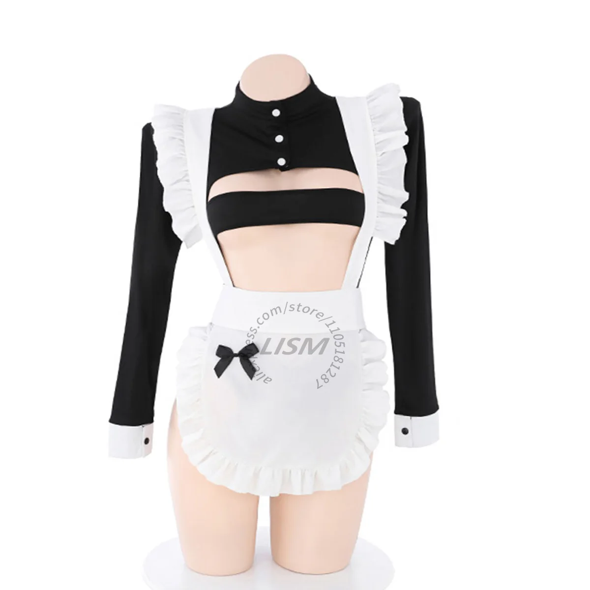 

LISM Sexy Long Sleeve Maid Costume Cut Out Front Bodysuit Lingerie Set with Apron for Cosplay