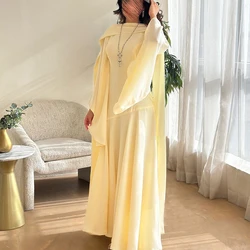 Long Sleeves Jersey Straight Ankle Length Boat Neck Saudi Evening Dresses Elegant Yellow Pleats Bespoke Occasion Gowns Sexy 2024