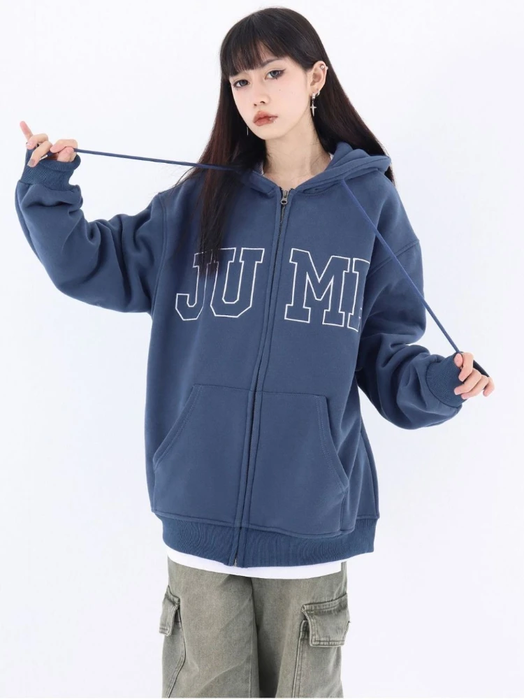 Grey With Zipper Sport Hip Hop Top Blue Full Zip Up Hooded Woman Clothing Women's Sweatshirt Hoodies Offer Stylish Basic M