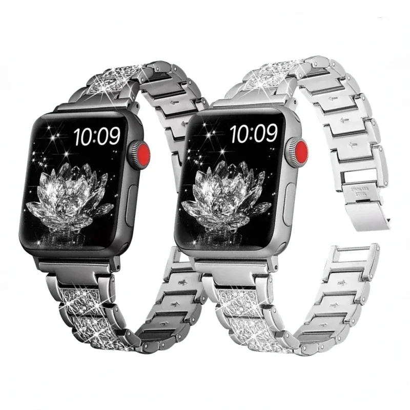 Correa de diamante de lujo para Apple Watch Ultra 49mm 10 46/42mm para iWatch Series 9 8 7 6 5 45/44/40/38mm banda de acero inoxidable para mujer