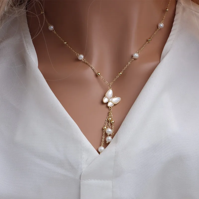 

Minar Fairy White Shell Irregular Freshwater Pearl Butterfly Tassel Pendant Necklace for Women Real Gold Plated Copper Chokers