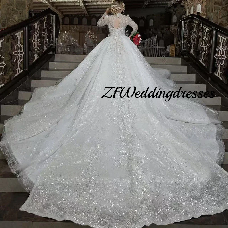 Customized Luxurious Wedding Dress High-Neck Organza With Embroidery Beading Gown Fullsleeve Bride Lace Up Vestido De Novia