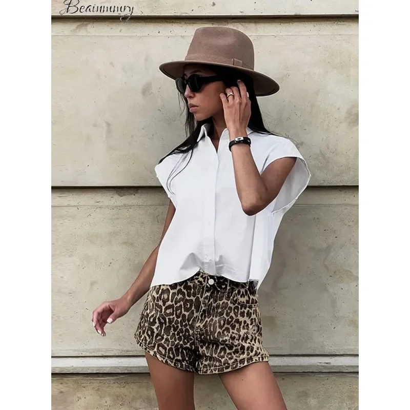 Retro Leopard Print Shorts for Women, Dropped Zippers, Pocket Button,Female Pants, Street Lady Outwear, Y2K Fashion, Spring and