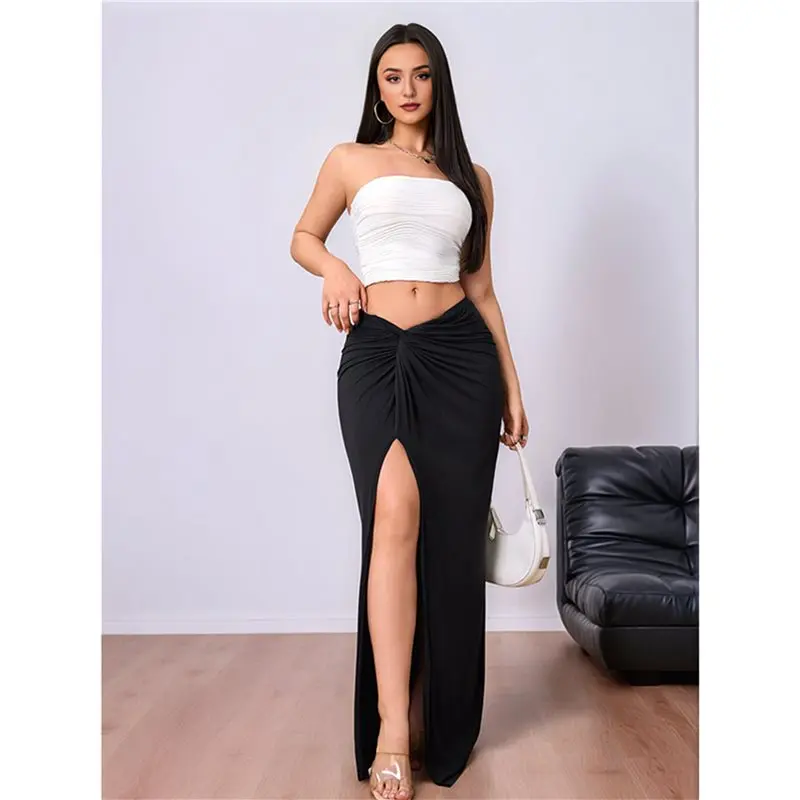 CYL-jupe torsadée sur le devant pour femme, taille haute, fendue, asymétrique, moulante, longue pour sortir