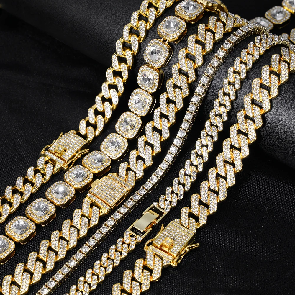 Full Iced Out Rhinestone Cuban Link Chain Hip Hop Men Necklace Choker DIY Jewelry Accessories