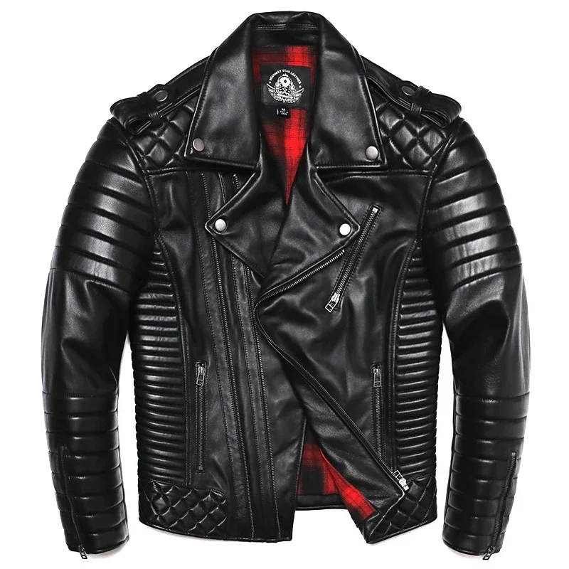 2025 New Black Real Sheepskin Genuine Leather Jacket Spring Autumn Men's Perfecto Motorncycle Slim Suit Biker Male Coat