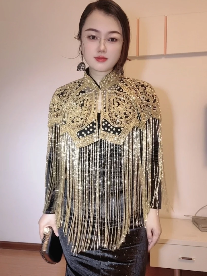 Indian Heavy Industry Beaded Shawl Long Tassel Cheongsam Cloud Shoulder Handmade Beaded Fashion Show Shawl Dubai Arab Gown Shawl