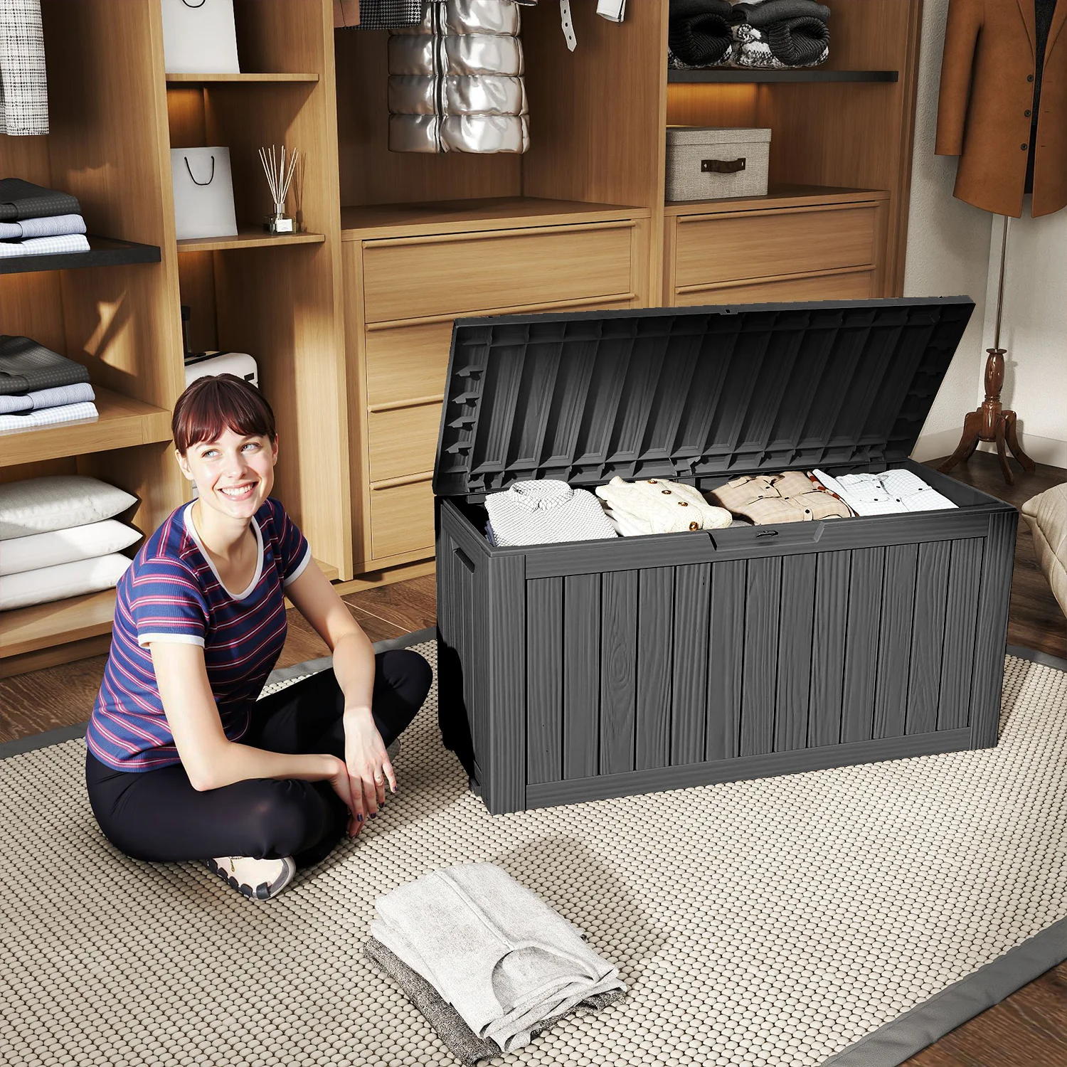 

75Gallon Waterproof Outdoor Storage Box,Resin Deck Box,Lockable Outside Storage Box Container for Patio Furniure Bottom roller