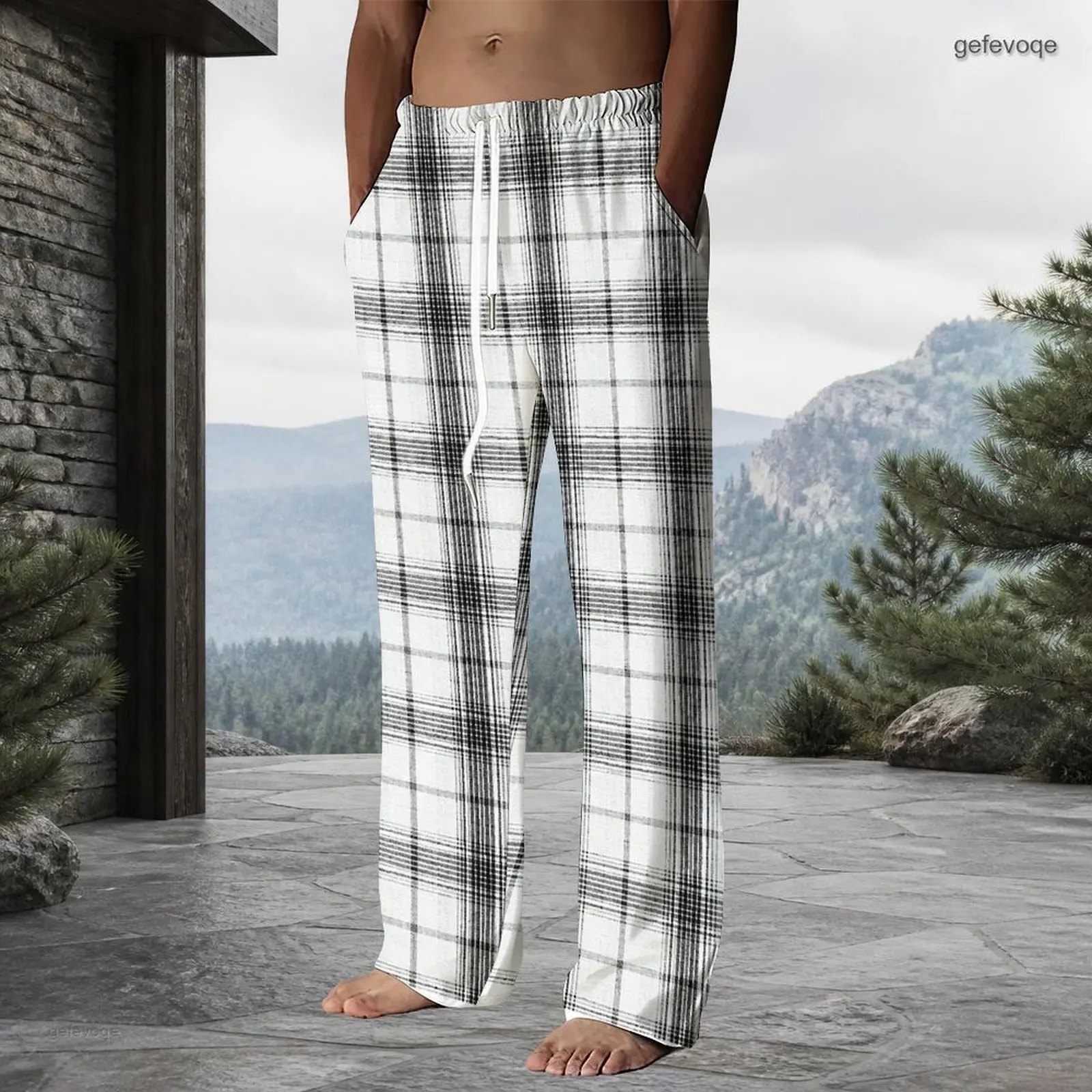 Men Yellow Green Plaid Printed Drawstring Waist Straight Leg Full Length Pants