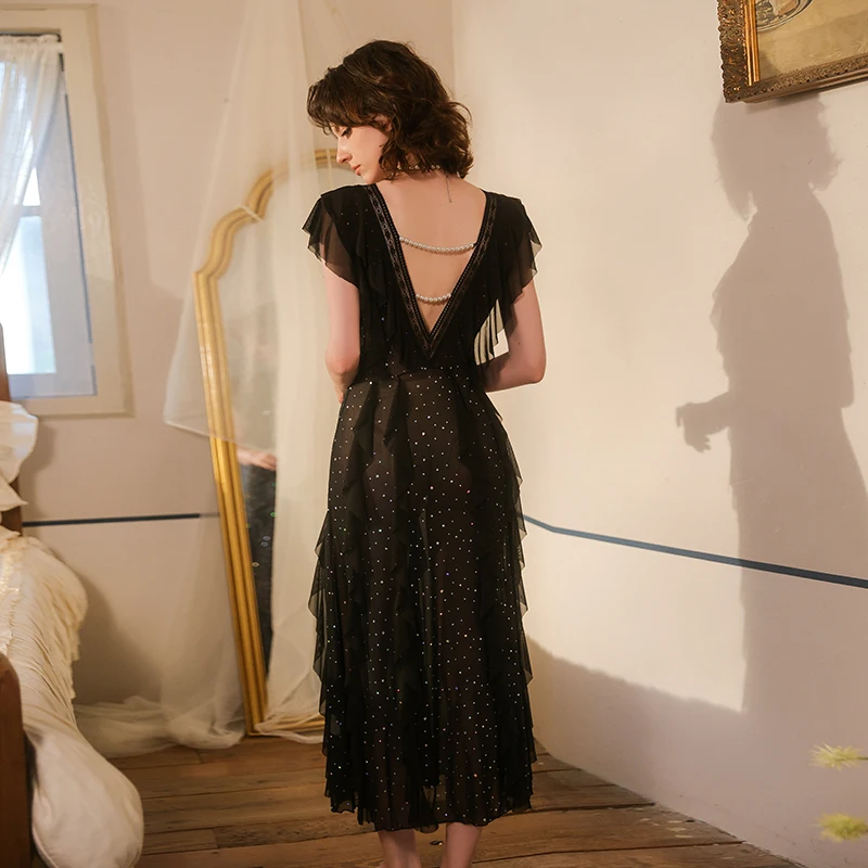 Sexy Nightgown Sparkling Sequin Deep V Charming Nightdress Ruffles Luxury Long Dress Pajamas Beautiful Pearl Backless Sleepwear