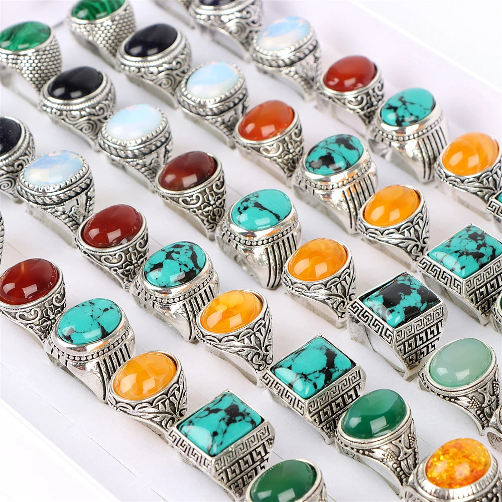 20Pcs/Lot Fashion Vintage Antique Natural Stone Rings Jewelry Gifts For Women Men Wedding Birthday Party