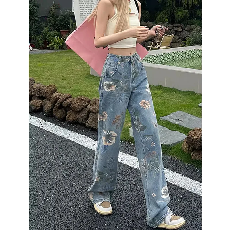 Floral Wide Leg Jeans with Spring and Autumn High Waisted Printed Straight Leg Mop Pants Trendy