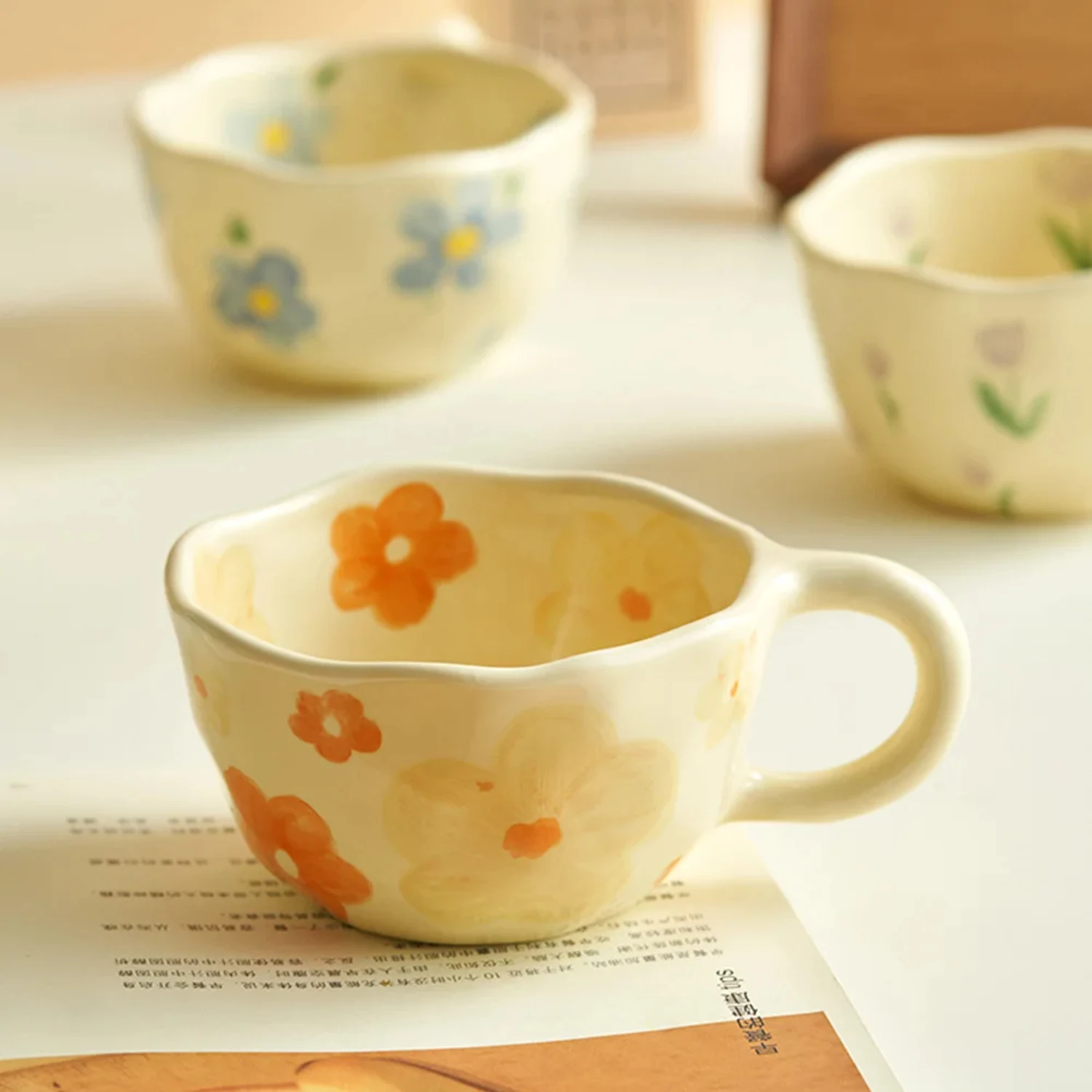 Ins Korean Style Ceramic Mugs Coffee Cups Hand Pinched Irregular Flower Milk Tea Cup Oatmeal Breakfast Mug Drinkware Kitchen