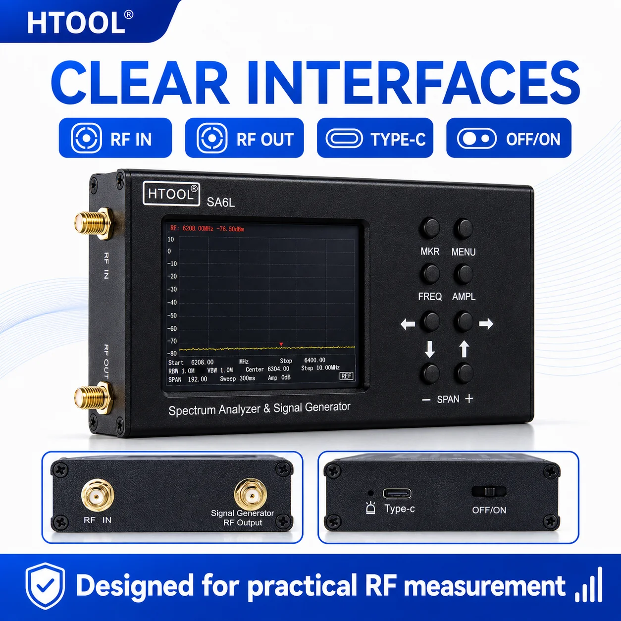 HTOOL SA6L 25MHz-6.4GHz Portable Spectrum Analyzer & Signal Generator 2-in-1 Handheld RF Tester with 3.2