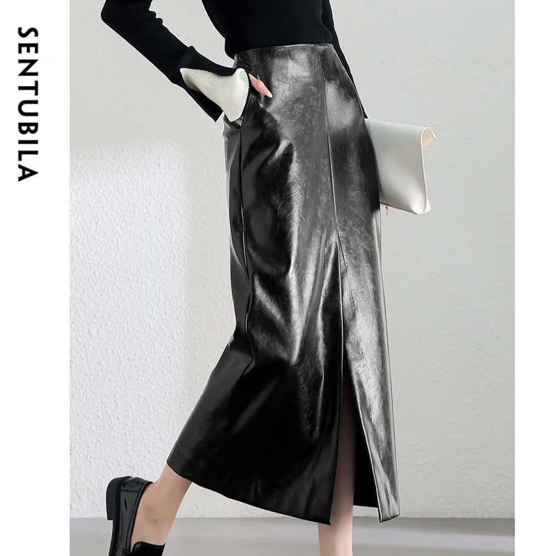 SENTUBILA Black Faux Leather Skirt for Women 2024 Winter Straight Slit-hem High Waist Split Midi Skirt Female Clothing 144Q56878