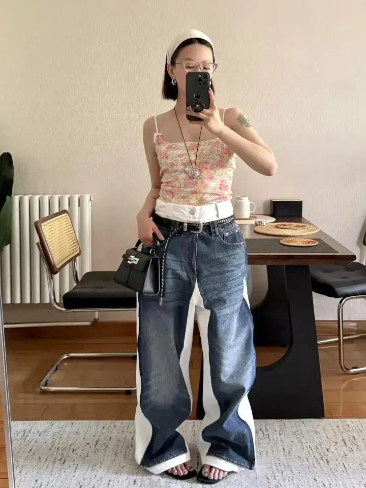 여성 빈티지 Y2k 배기 진 2025 가을 화이트 블루 패치워크 하라주쿠 데님 바지 일본 2000년대 그런지 청바지 의류