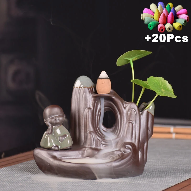 +20Incense Hand Made Backflow Incense Buddha Cones Holder Aromatherapy Censer Chinese Tea Set Purple Clay Pet