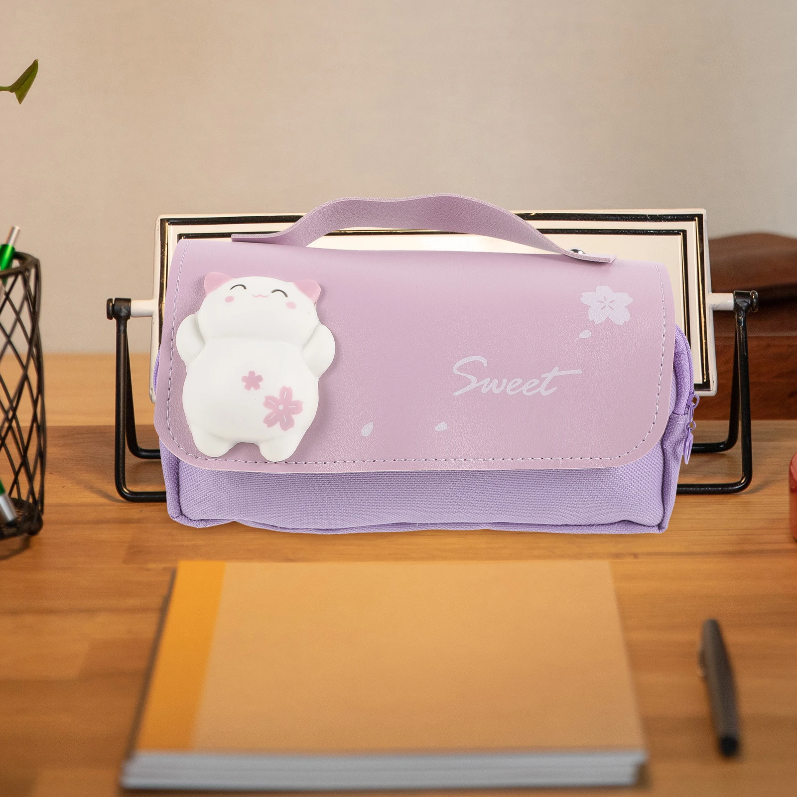 Adorable Pencil Pouch Portable Multi-Use Pencil Case with Handle Cartoon Stress Relief Design Large Zipper Pen Bag for School