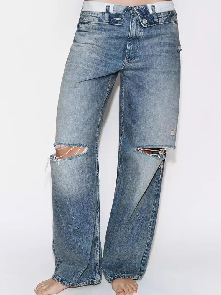 

Весна 2026: Новые модные женские джинсы с завышенной талией, с манжетами, из выстиранного денима, повседневные, для работы, свободные, широкие, длинные брюки