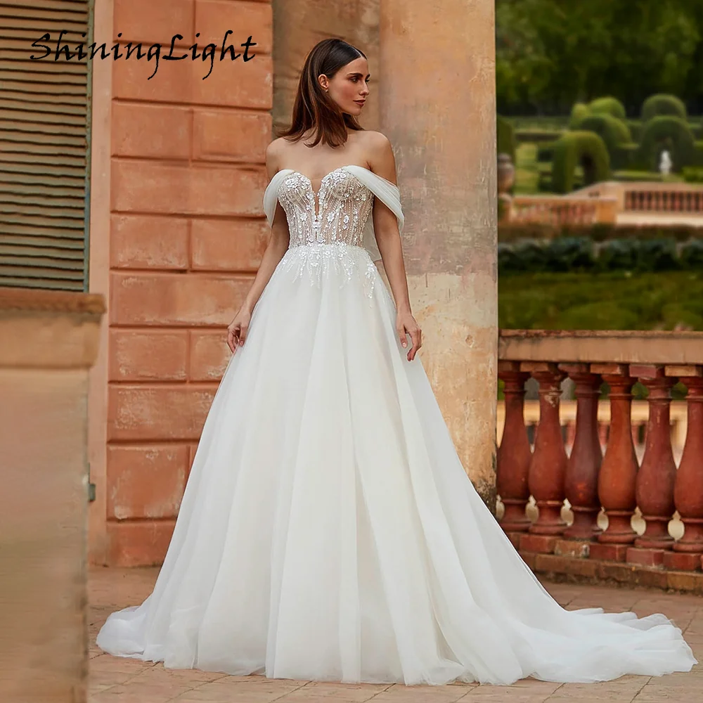 

ShiningLight Sweetheart Princess Wedding Dresses for Bridal Off the Shoulder Tulle A-line Wedding Dresses noivas Customized