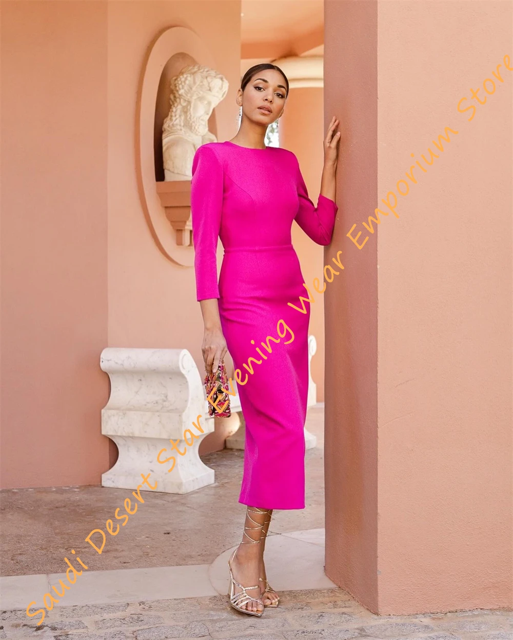 Customized  Customized Graceful O-Neck Half Sleeves Evening Dress Sexy Buttons Back Straight Back Slit Party Dress Sexy Backless
