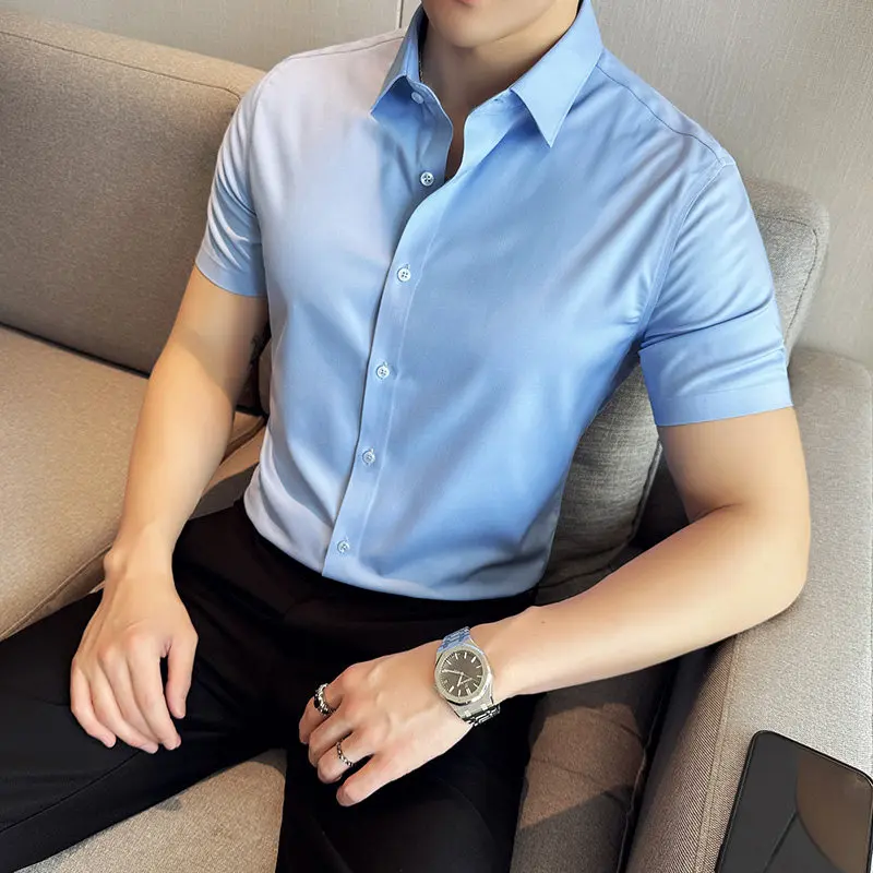 

High-End Men's ort-Sve Busin Casual Slim-Fit Anti-Wrinkle Modal irt Youthful Summer Thin Ice Sensation Polyester Mo...