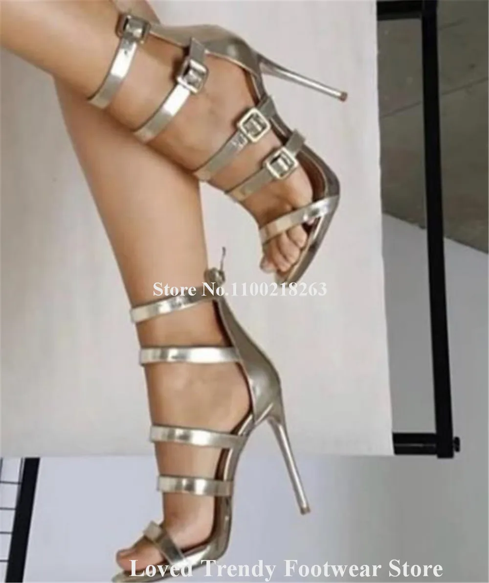 Silver Patent Leather Straps Thin Heel Gladiator Sandals Open Toe Buckles Stiletto Heel Dress Shoes Party Pumps Big Size