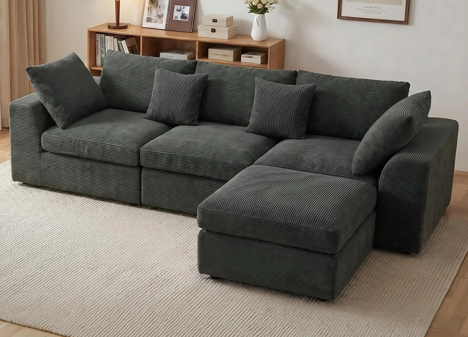 110'' Cloud Couch, L-Shaped Boneless Couch, Dark Grey | 3-Seat Sectional Couches for Living Room, Modular Sofa with