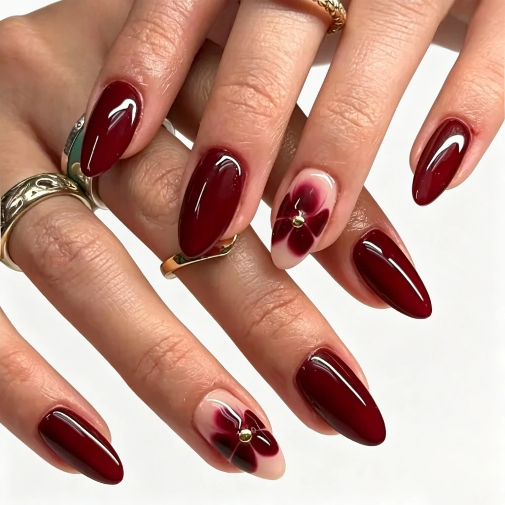 24pcs Set Burgundy Almond Shape Medium Length Solid Color with Floral Golden Dust Design Fake Nails for Women/Girls Women'S Nail