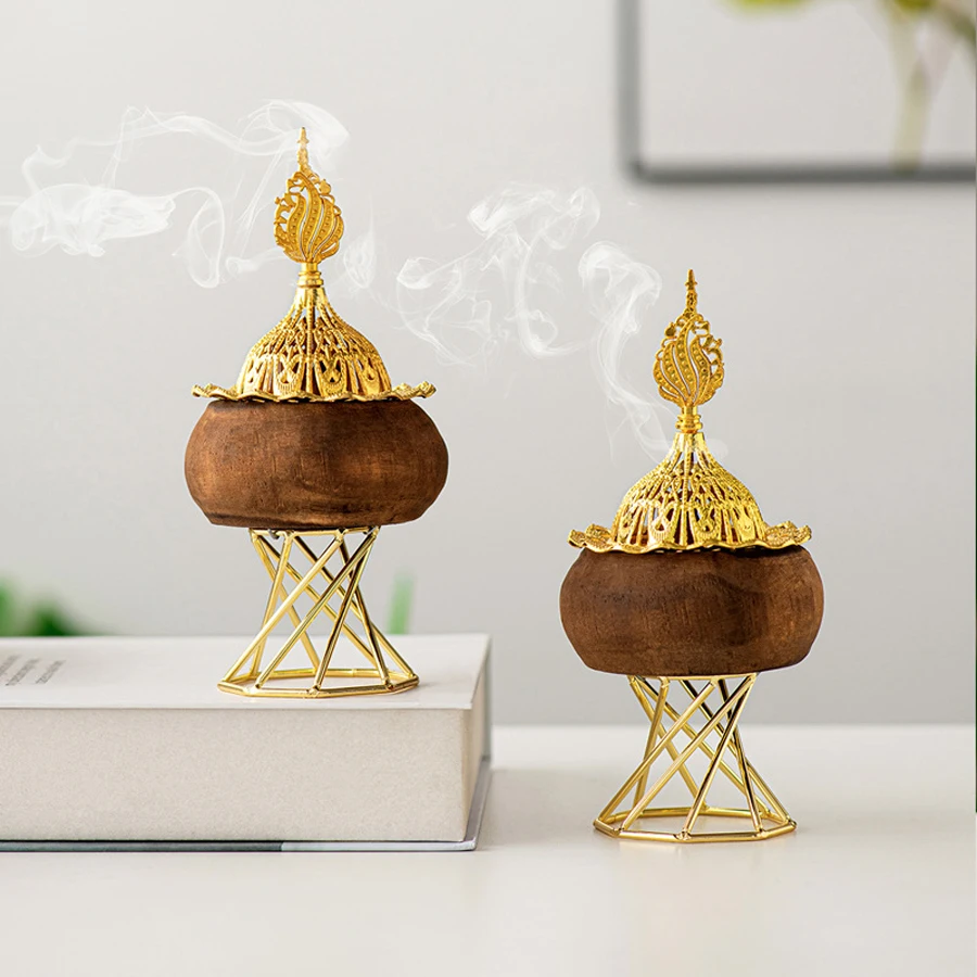 

Retro Round Wood Octagonal Golden Metal Temple Table Decoration Aromatherapy Furnace Middle Eastern Arab Festival Incense Burner