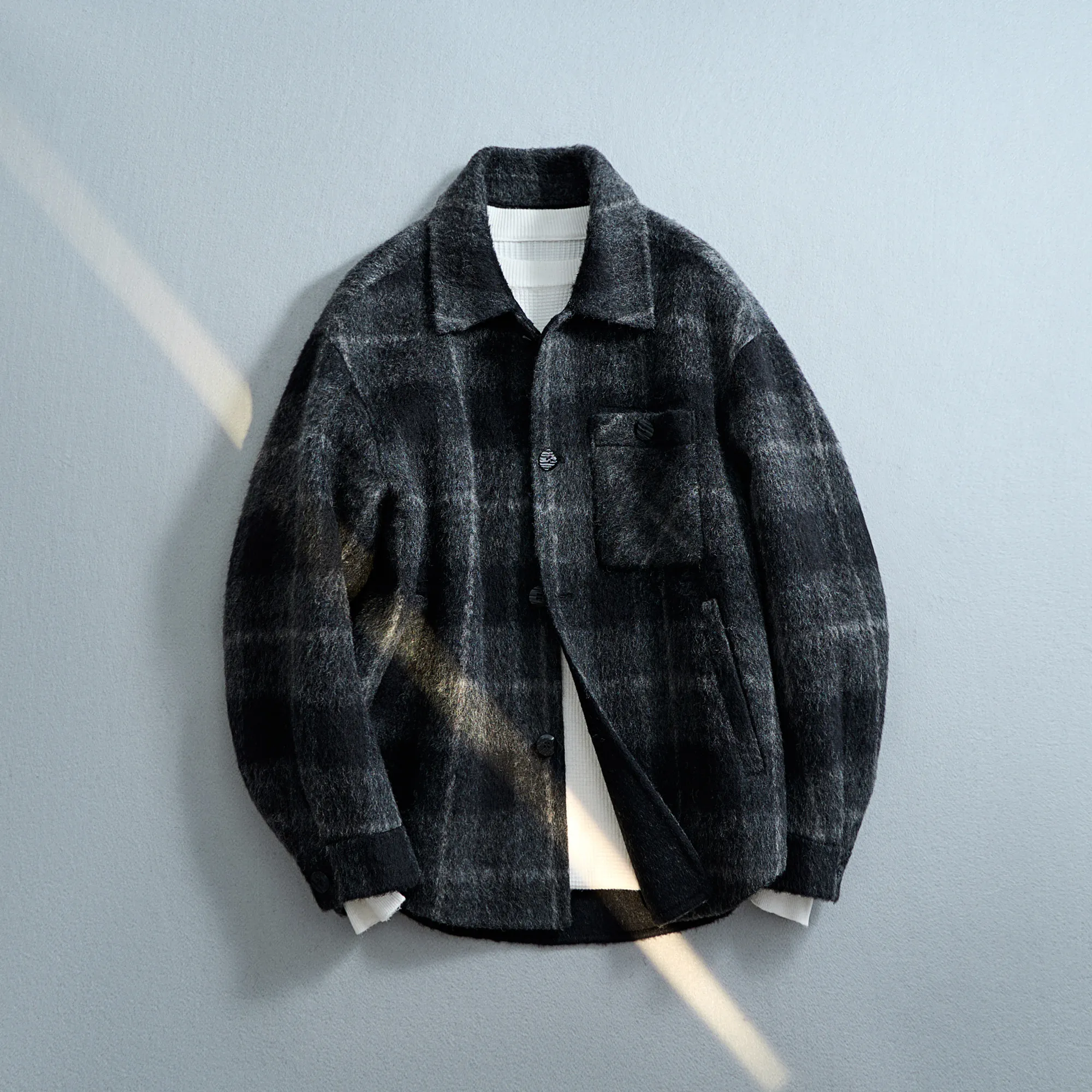 Men Autumn Winter Double Sided Woolen Plaid Jacket Lapel Loose Fit Shirt Coat Vintage Check Warm Short Outerwear For Men