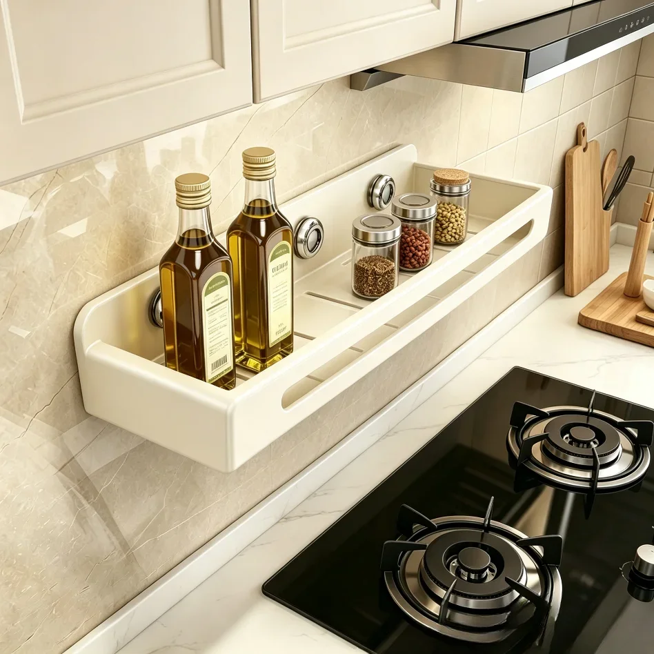 No Drill Suction Cup Kitchen Rack, Wall Mount Utensil Storage Shelf for Cabinet