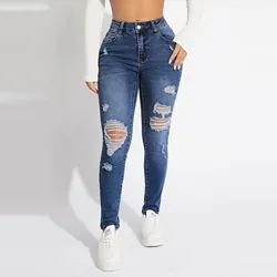 Women'S Skinny Trend Ripped Casual Fashion Small Foot Jeans Elastic Waist Drawstring Jeans Fashion Skinny Slim Ankle-Length Pant