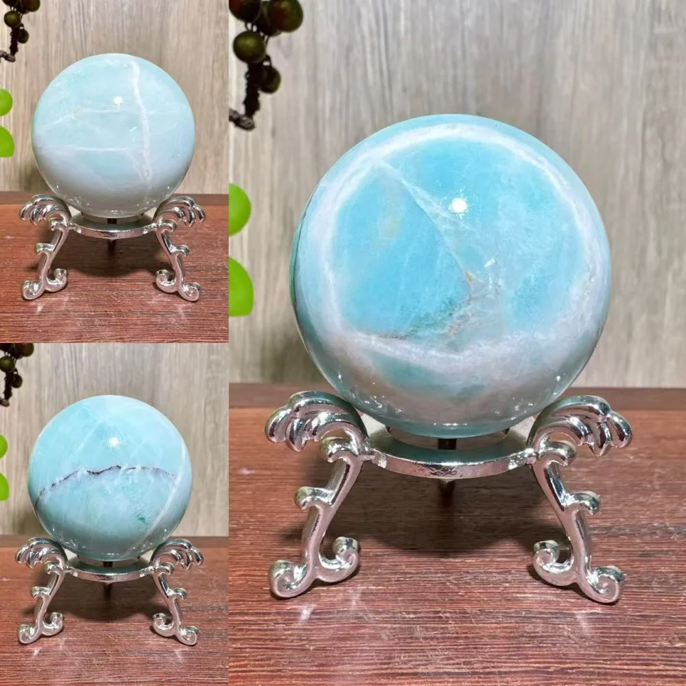 1PC Unique Natural Blue Carribean Calcite Spheres Sky Blue Stone Healing Crystal Reiki Energy Home Scene Decorations Gifts+Stand - view 5
