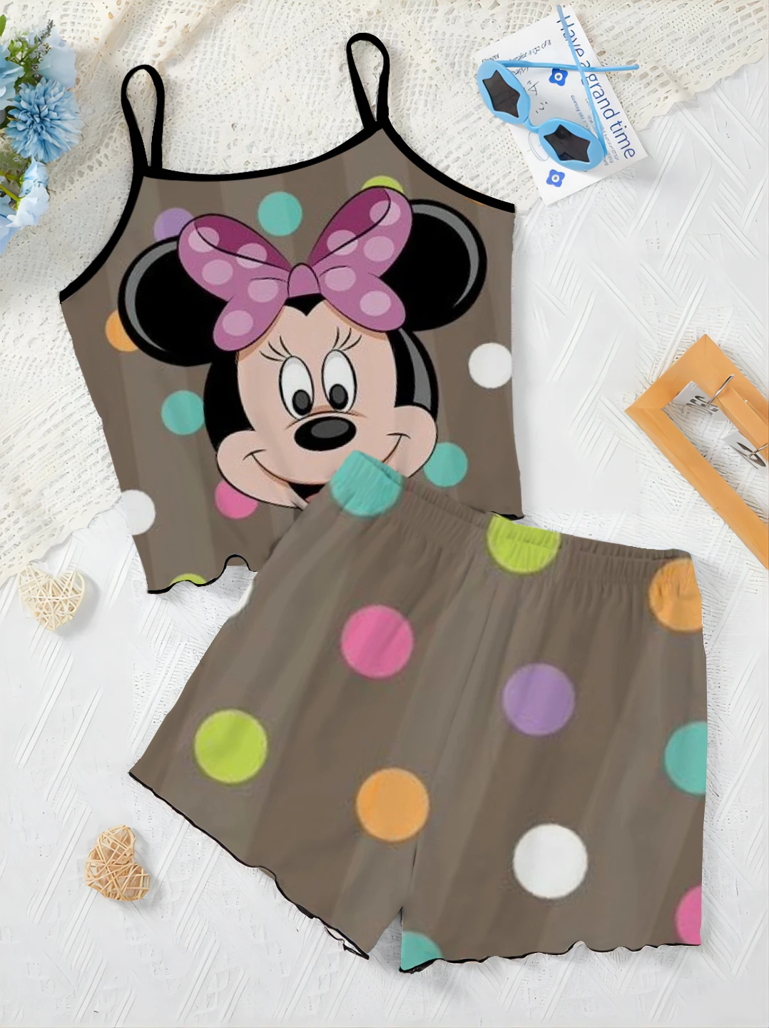 Minnie Mouse Mickey Elegant Women's Sets T-shirt Pajama Skirt Top Slip Dress Disney Lettuce Trim Pieces Short Suit Disney Mickey